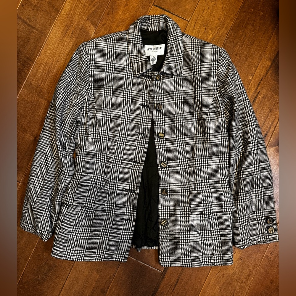 Holt Renfrew Women’s Brown and Cream Plaid Wool Jacket | EUC | Size 14 or Large